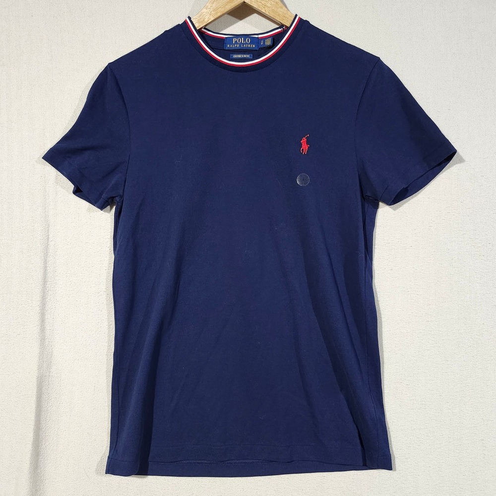 Polo Ralph Lauren Mens Custom Slim Fit T-Shirt Navy Blue Striped Neck Small NWOT